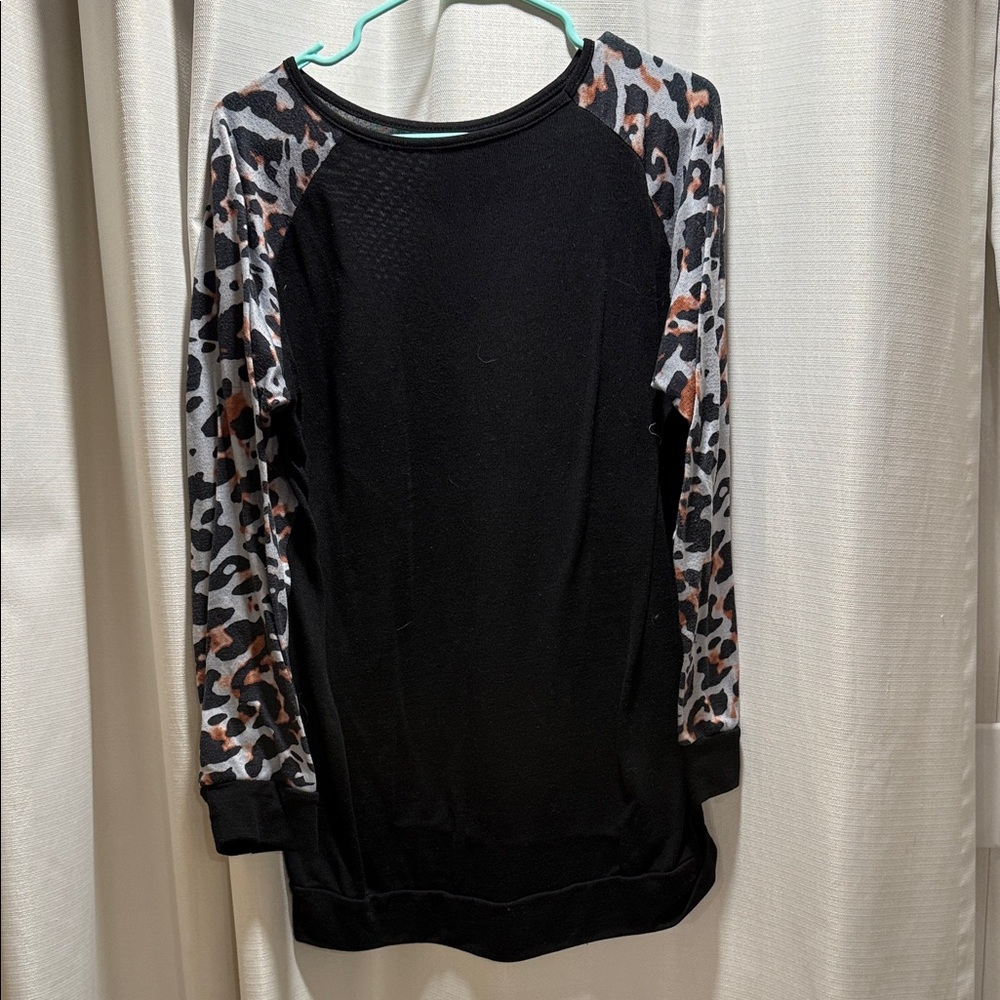 Amazon Black Tunic with Gray and Brown Leopard Print Sleeves